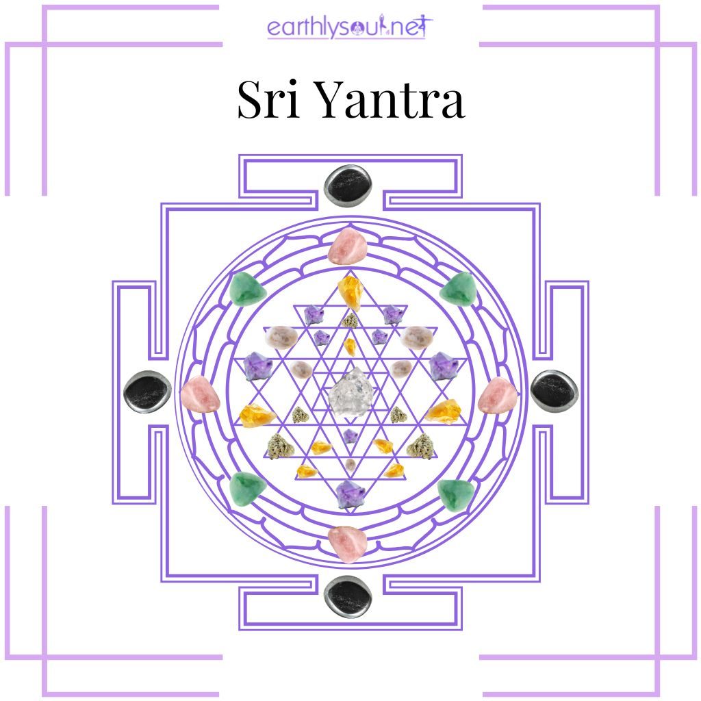 The sri yantra crystal grid, an ancient sacred geometry symbol with interlocking triangles, representing spiritual enlightenment and cosmic harmony.