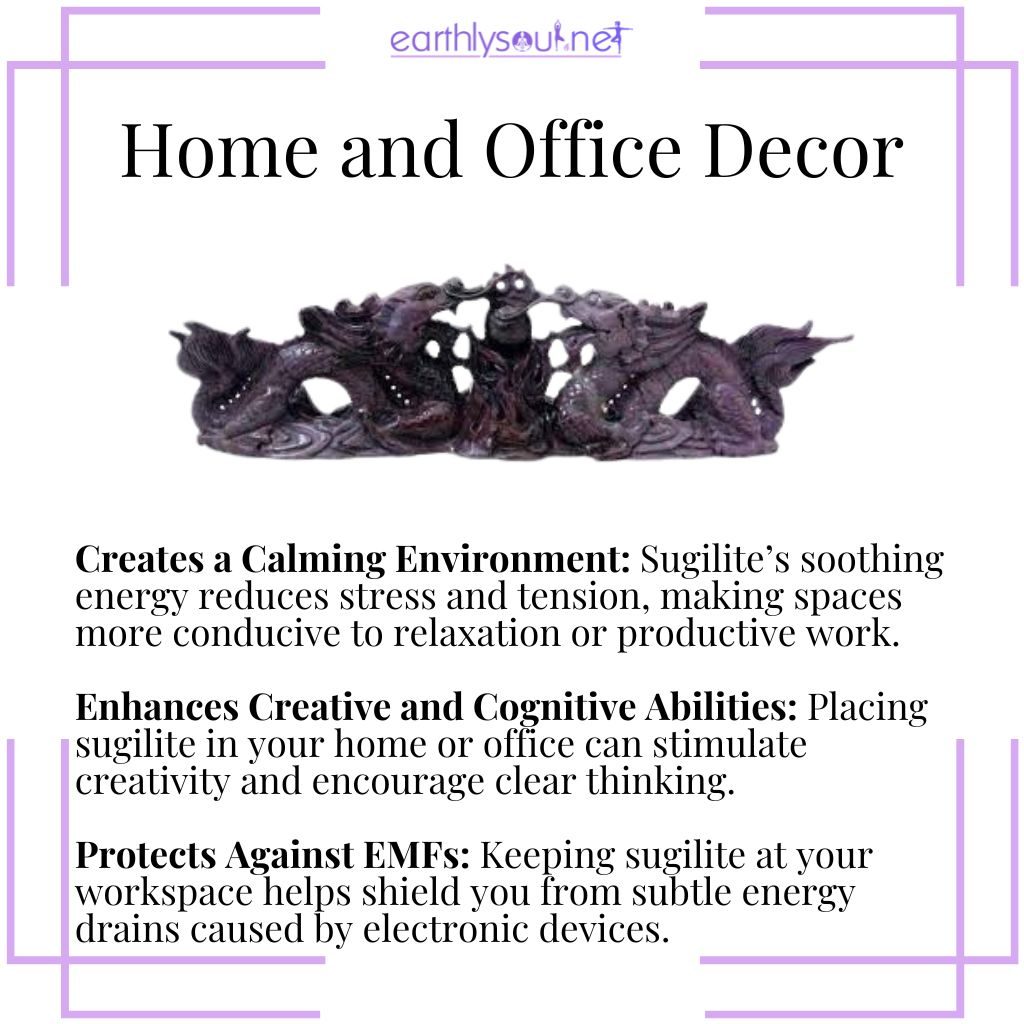 Sugilite enhances calm, creativity, and protection against electromagnetic pollution at home and work.