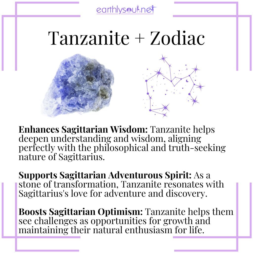 Tanzanite enhances sagittarian wisdom, supports their adventurous spirit, and boosts optimism.