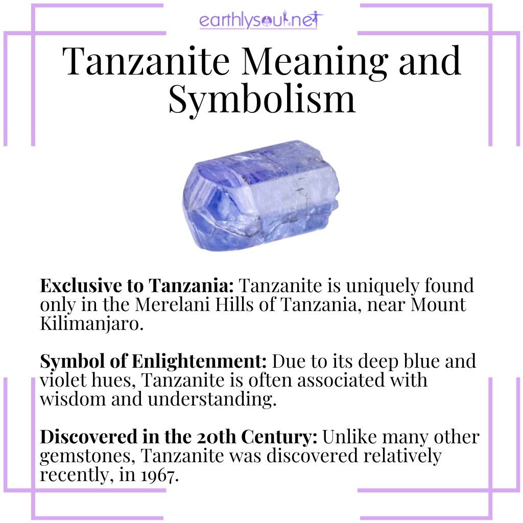 Tanzanite, unique to tanzania, symbolizes enlightenment and was discovered in 1967, making it a coveted modern gemstone.