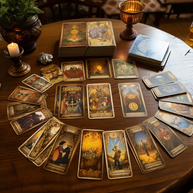 Tarot card deck spread out on a wooden table