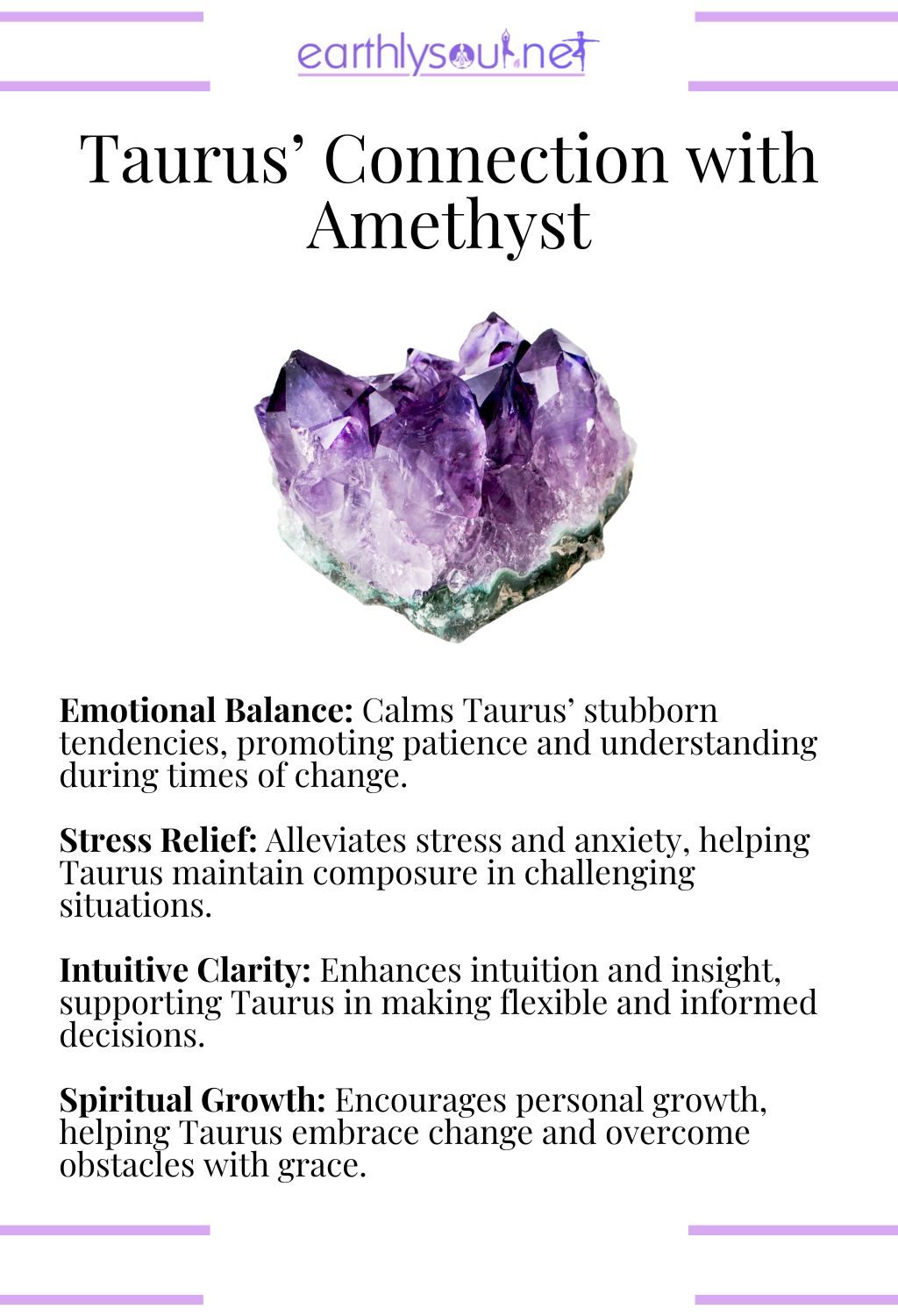 Amethyst crystal, promoting emotional balance and stress relief, ideal for taurus zodiac signs.