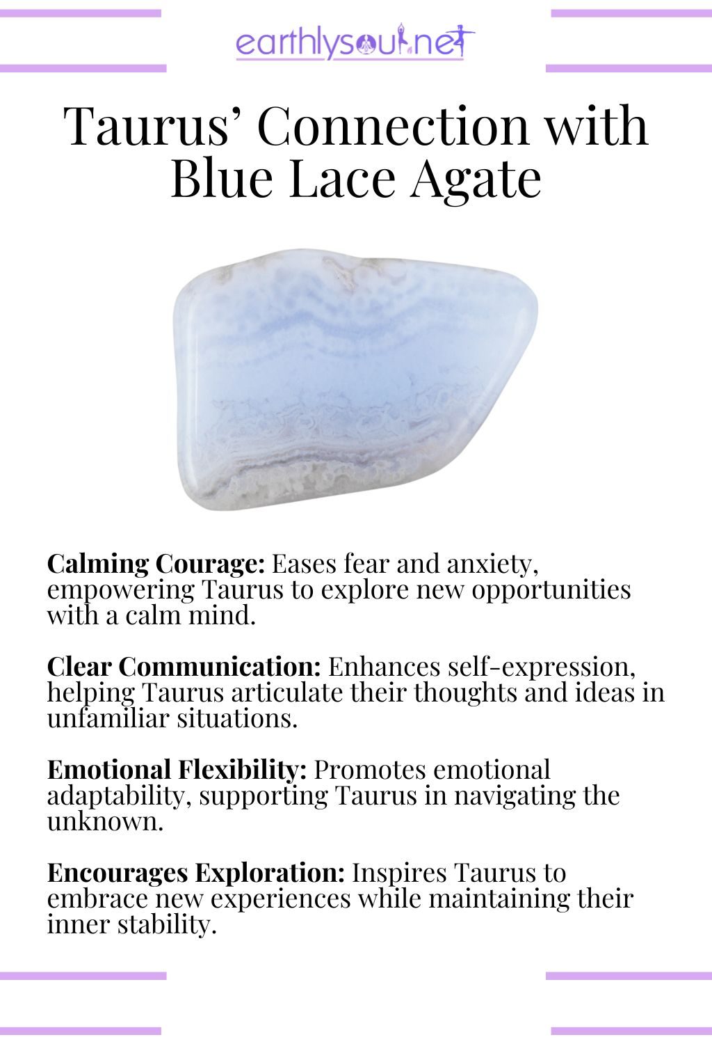 Blue lace agate crystal, promoting calm courage and emotional flexibility, ideal for the adventurous taurus.