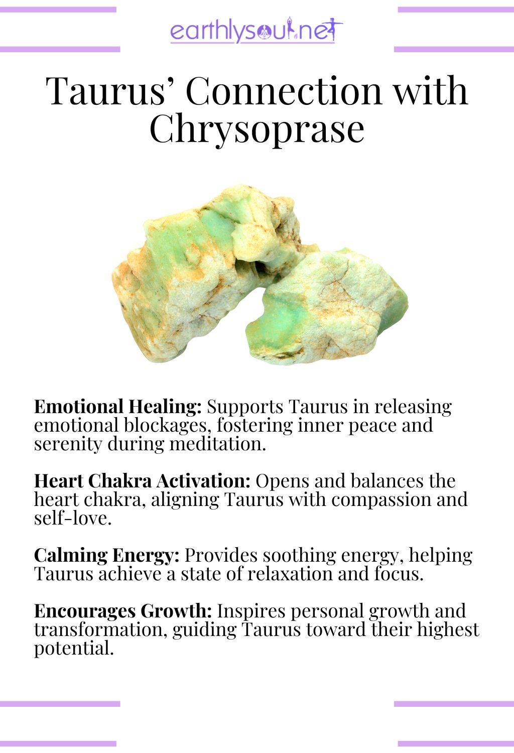 Chrysoprase crystal, promoting emotional healing and personal growth, ideal for taurus meditation.