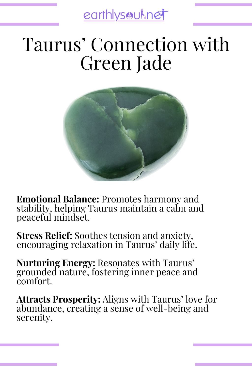 Green jade crystal, promoting emotional balance and stress relief, perfect for taurus zodiac signs.