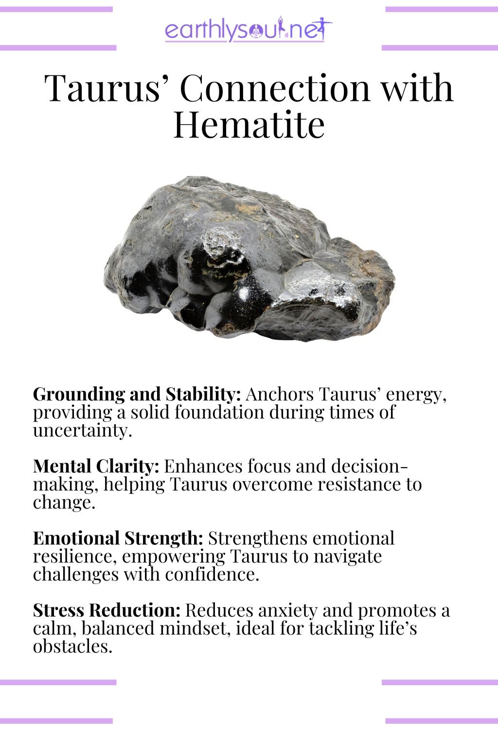 Hematite crystal, providing grounding energy and emotional strength, ideal for taurus zodiac signs.