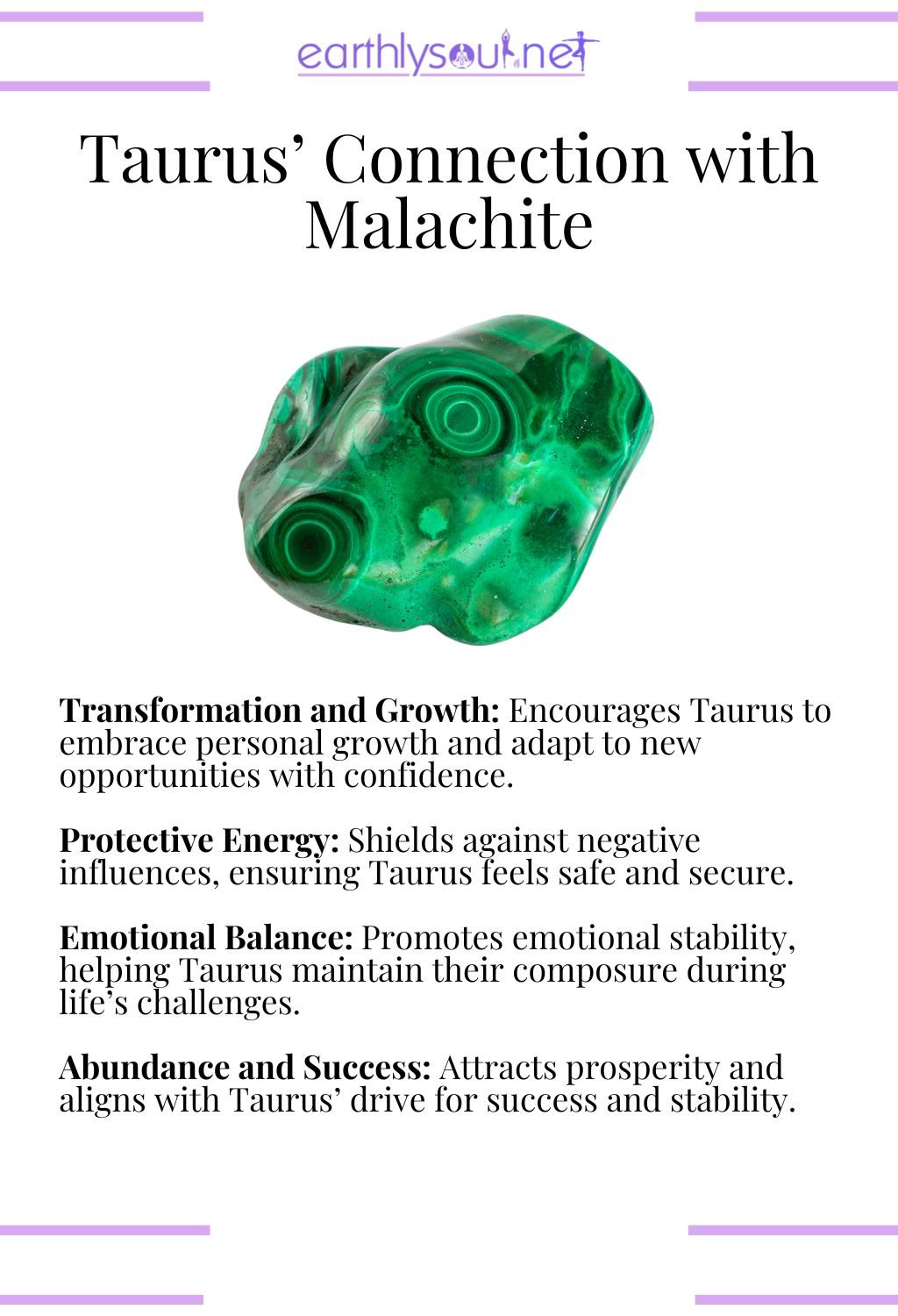 Malachite crystal, promoting transformation and emotional balance, ideal for taurus zodiac signs.