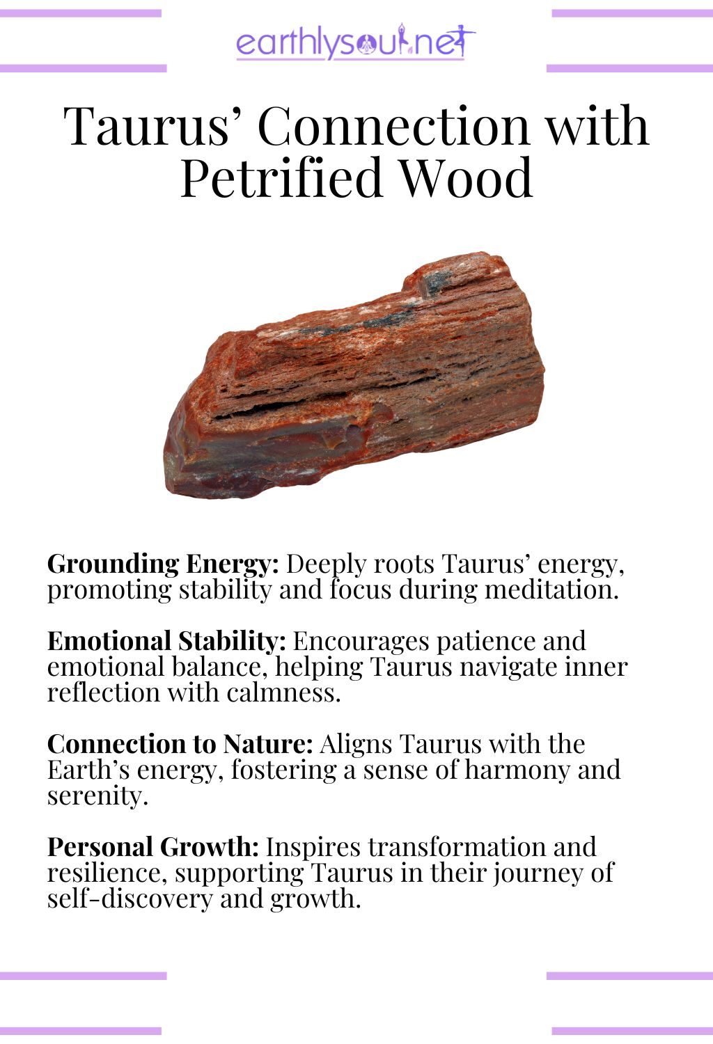 Petrified wood crystal, promoting grounding and emotional stability, ideal for taurus meditation.