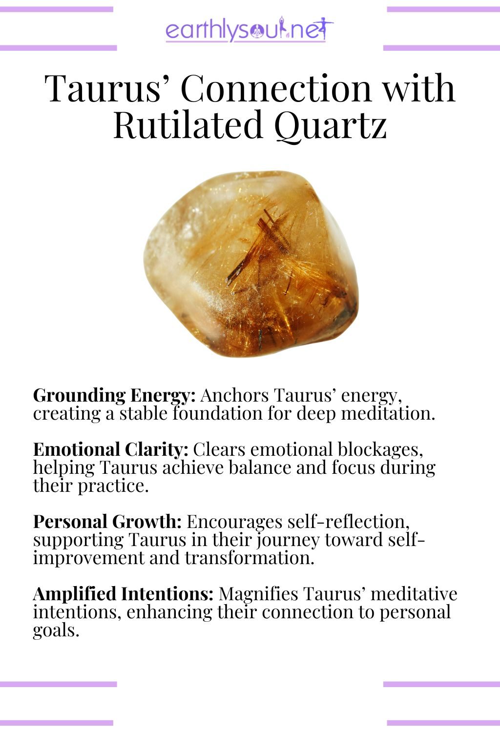 Rutilated quartz crystal, promoting grounding and personal growth, perfect for taurus meditation.