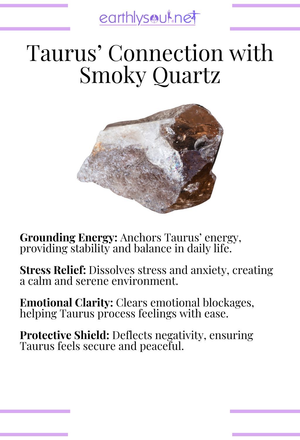 Smoky quartz crystal, promoting grounding energy and stress relief, perfect for taurus zodiac signs.
