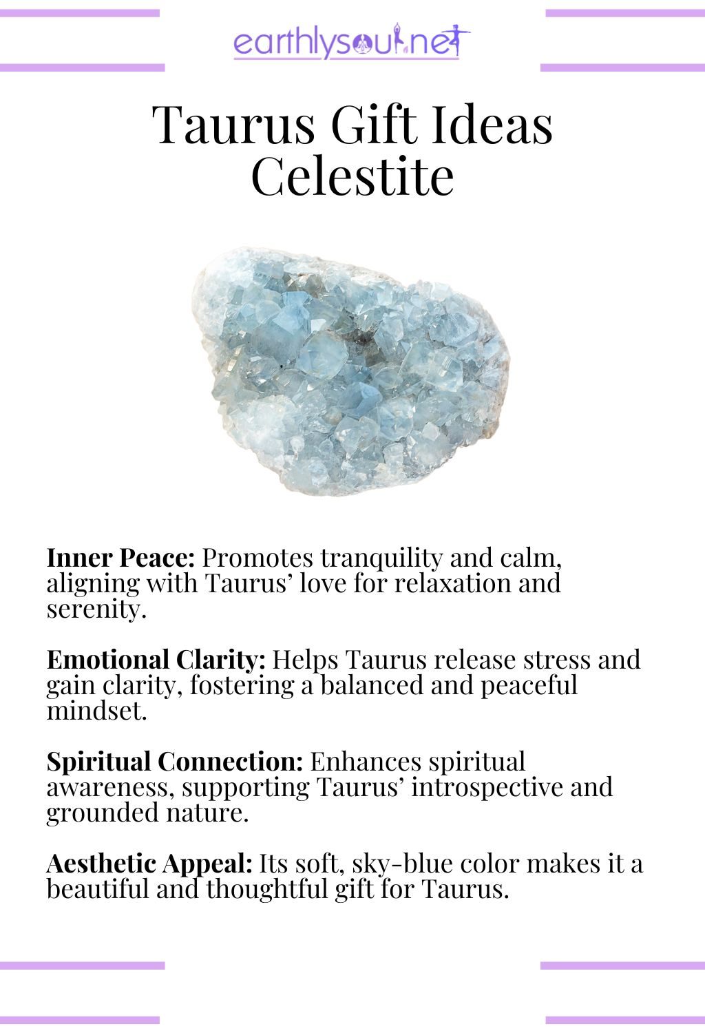 Celestite crystal, offering inner peace and emotional clarity, perfect as a gift for taurus zodiac signs.