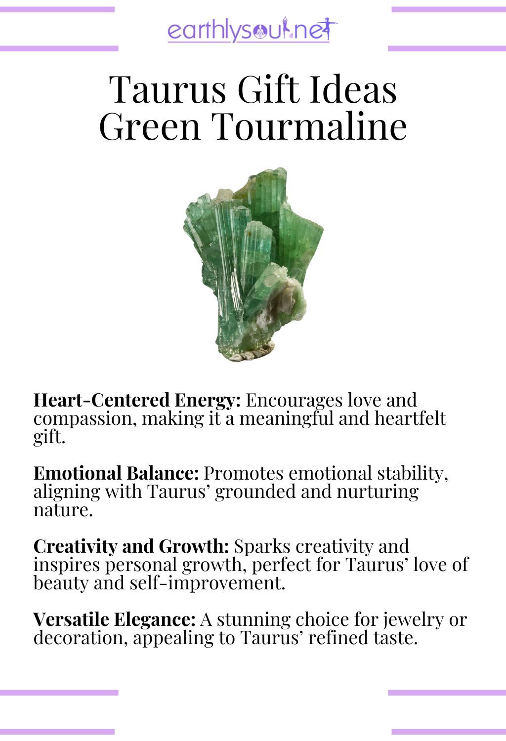 Green tourmaline crystal, promoting emotional balance and creativity, ideal as a gift for taurus zodiac signs.