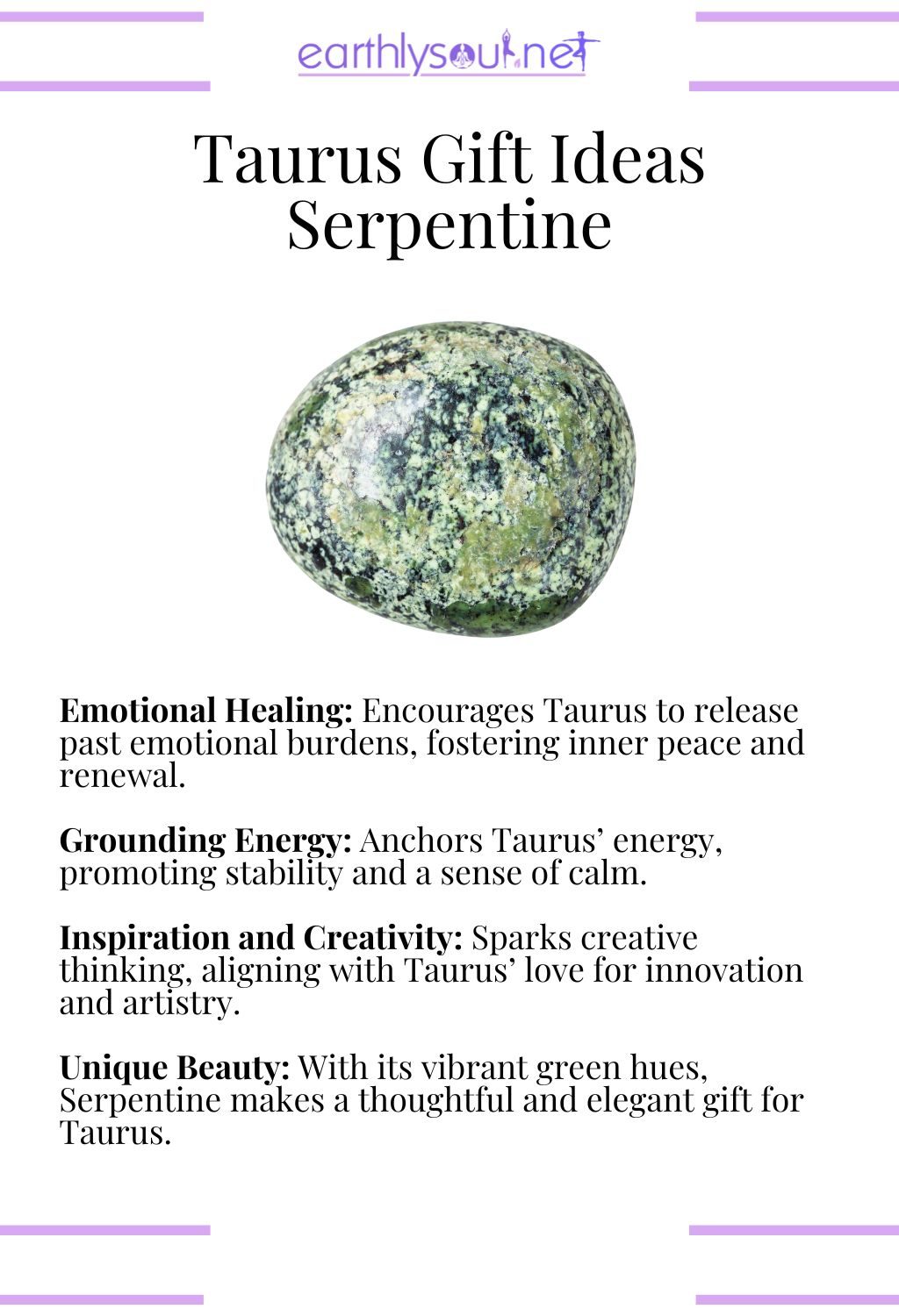 Serpentine crystal, offering emotional healing and grounding energy, ideal as a gift for taurus zodiac signs.