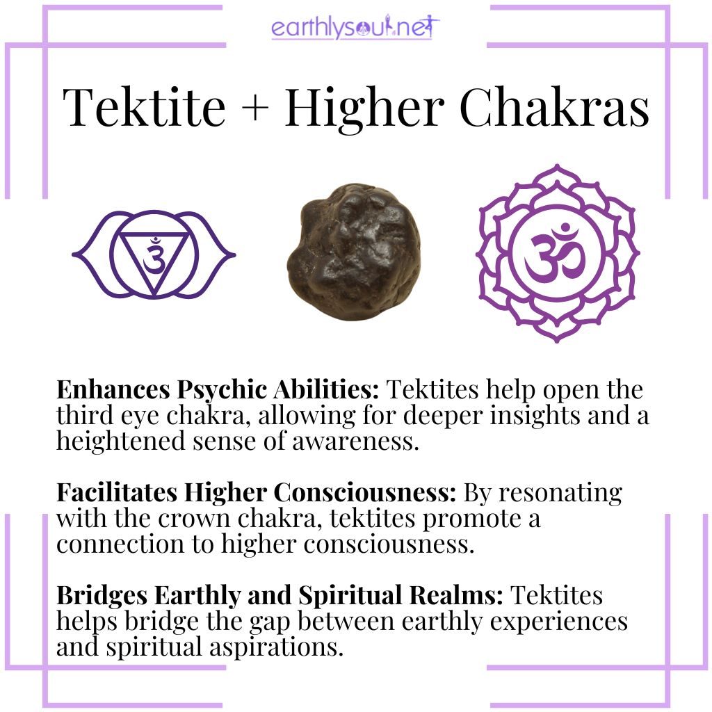 Tektite stimulates the third eye and crown chakras, enhancing psychic abilities and facilitating higher consciousness.