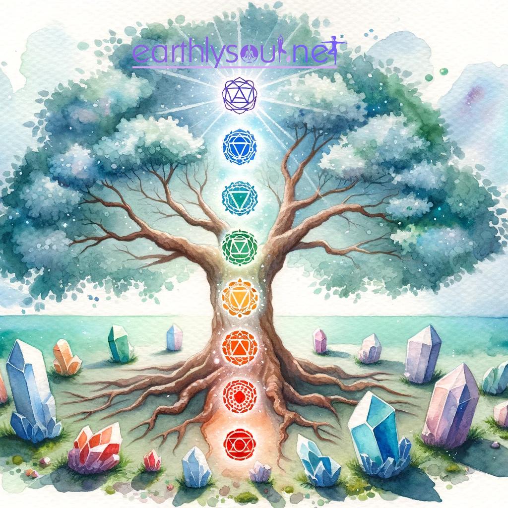 Watercolor painting of a tranquil setting with a tree that has seven distinct chakras glowing. The ground is littered with natural crystals that seem to be energized. The silhouette of the tree of life symbol is cast as a shadow behind the tree
