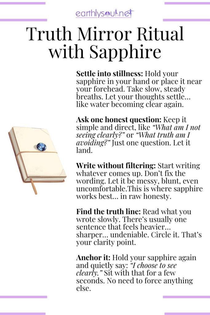 Truth mirror ritual with sapphire – a clarity crystal practice that supports self-reflection, authentic expression, and alignment with truth.