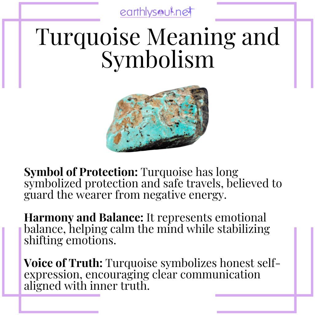 Turquoise meaning and symbolism – a protective crystal representing balance, emotional harmony, and truthful self-expression.
