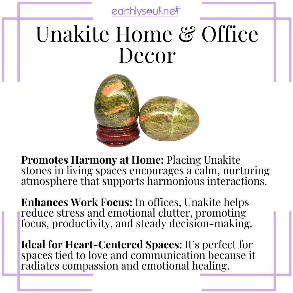 Unakite crystals used in home and office decor to promote harmony, emotional balance, and focused energy