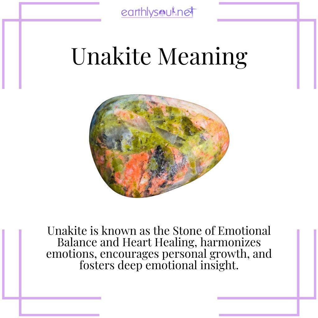 Unakite crystal symbolizing emotional balance and heart healing through the blend of green epidote and pink feldspar