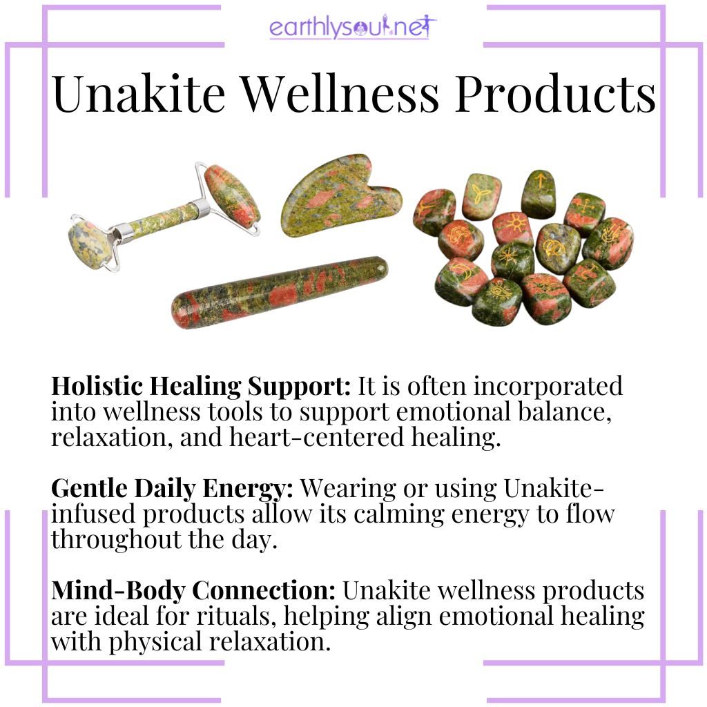 Unakite wellness products like rollers, wands, and infused oils promote emotional balance, grounding, and holistic healing