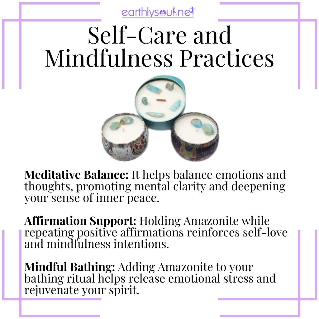 Amazonite for meditation balance, affirmation support, and mindful bathing in self-care and mindfulness practices.