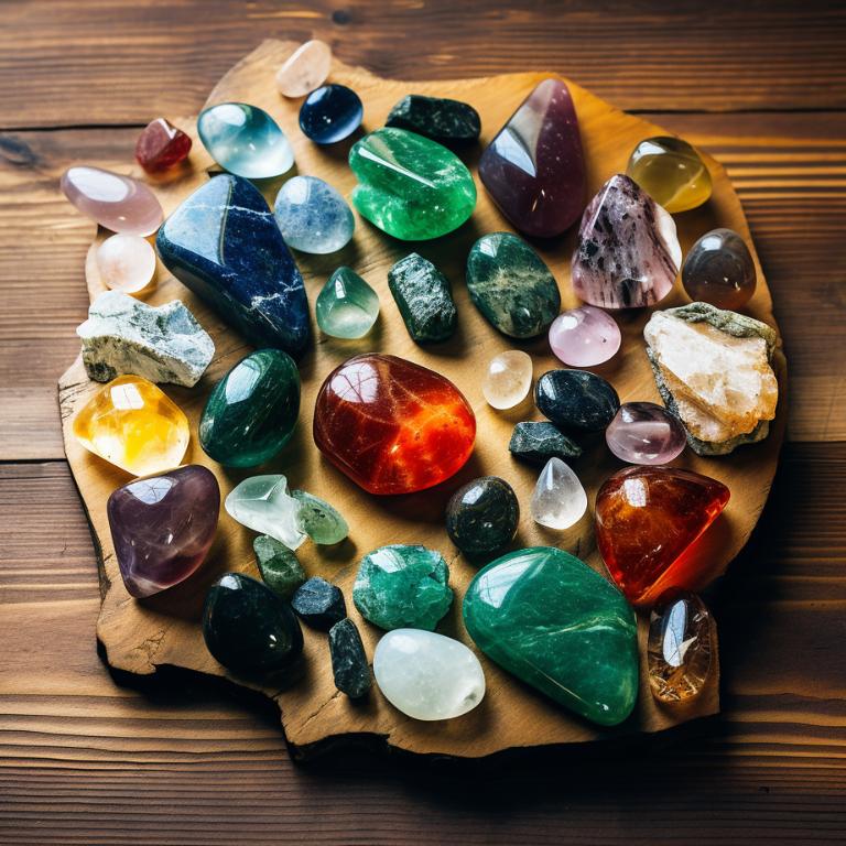 Collection of crystals for manifestation including rose quartz, clear quartz, green jade, green aventurine, black tourmaline, smoky quartz, petrified wood, fire agate, rainbow fluorite, and pyrite on a wooden table