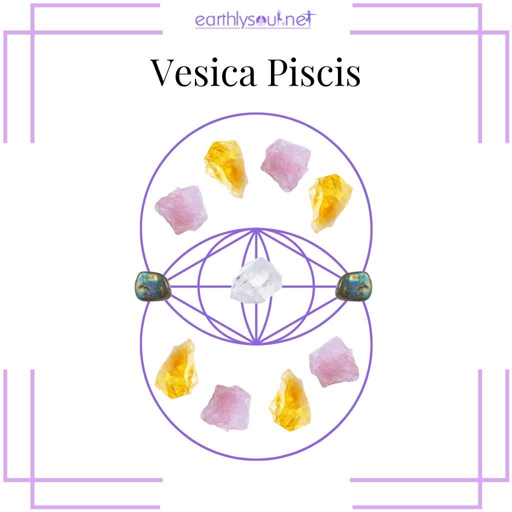 The vesica piscis crystal grid, a sacred geometry shape formed by overlapping circles, symbolizing creation, unity, and divine energy.