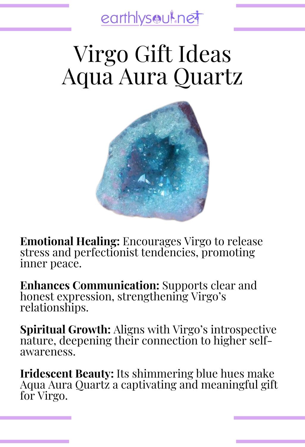 Aqua aura quartz crystal, enhancing communication and emotional healing, ideal as a gift for virgo zodiac signs.