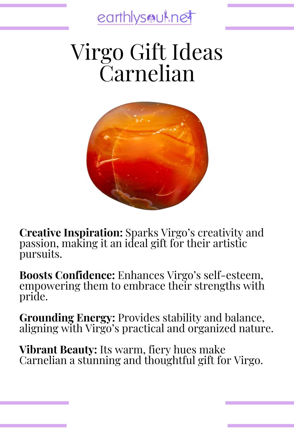 Carnelian crystal, promoting creativity and confidence, perfect as a gift for virgo zodiac signs.