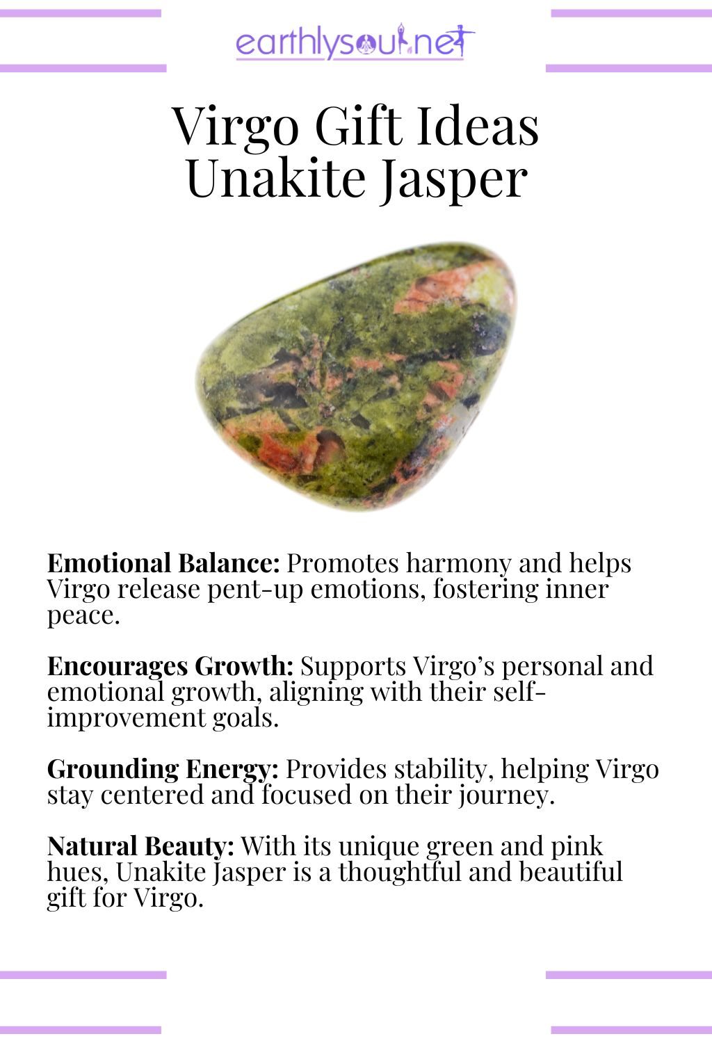 Unakite jasper crystal, promoting emotional balance and grounding energy, perfect as a gift for virgo zodiac signs.