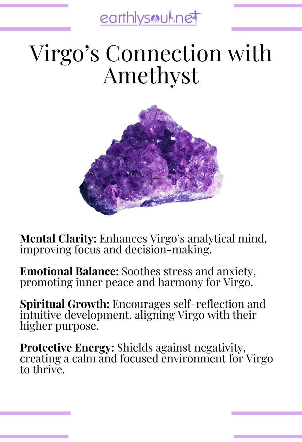 Amethyst crystal, promoting mental clarity and emotional balance, ideal for virgo zodiac signs.