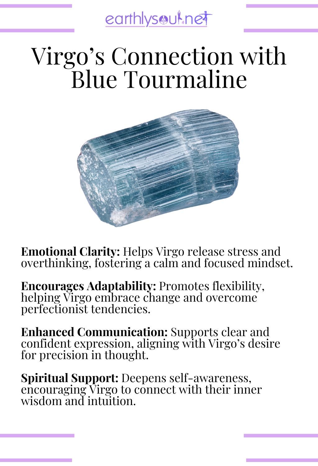 Blue tourmaline crystal, enhancing emotional clarity and adaptability, ideal for virgo zodiac signs.