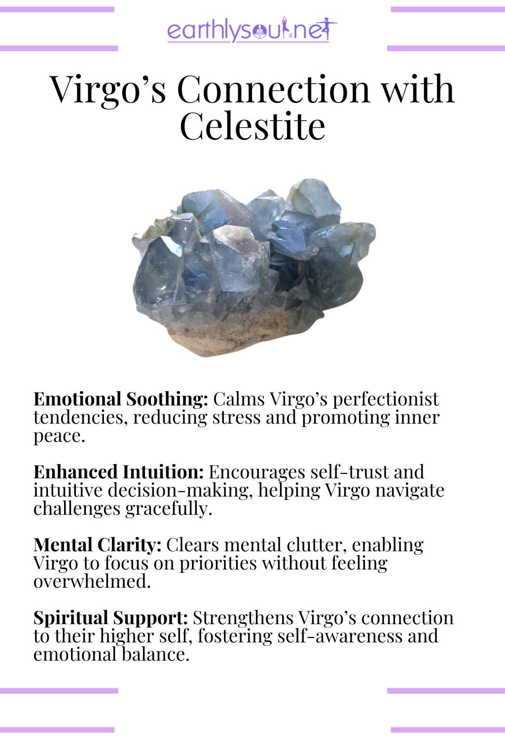 Celestite crystal, offering emotional soothing and mental clarity, perfect for virgo zodiac signs.