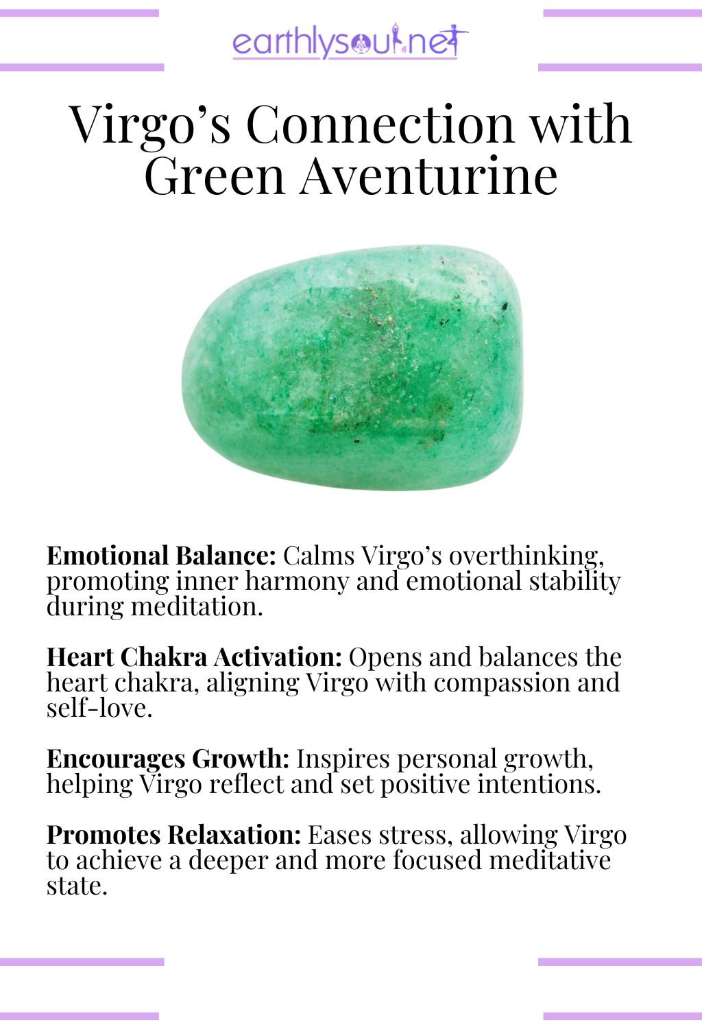 Green aventurine crystal, promoting emotional balance and relaxation, ideal for virgo meditation.