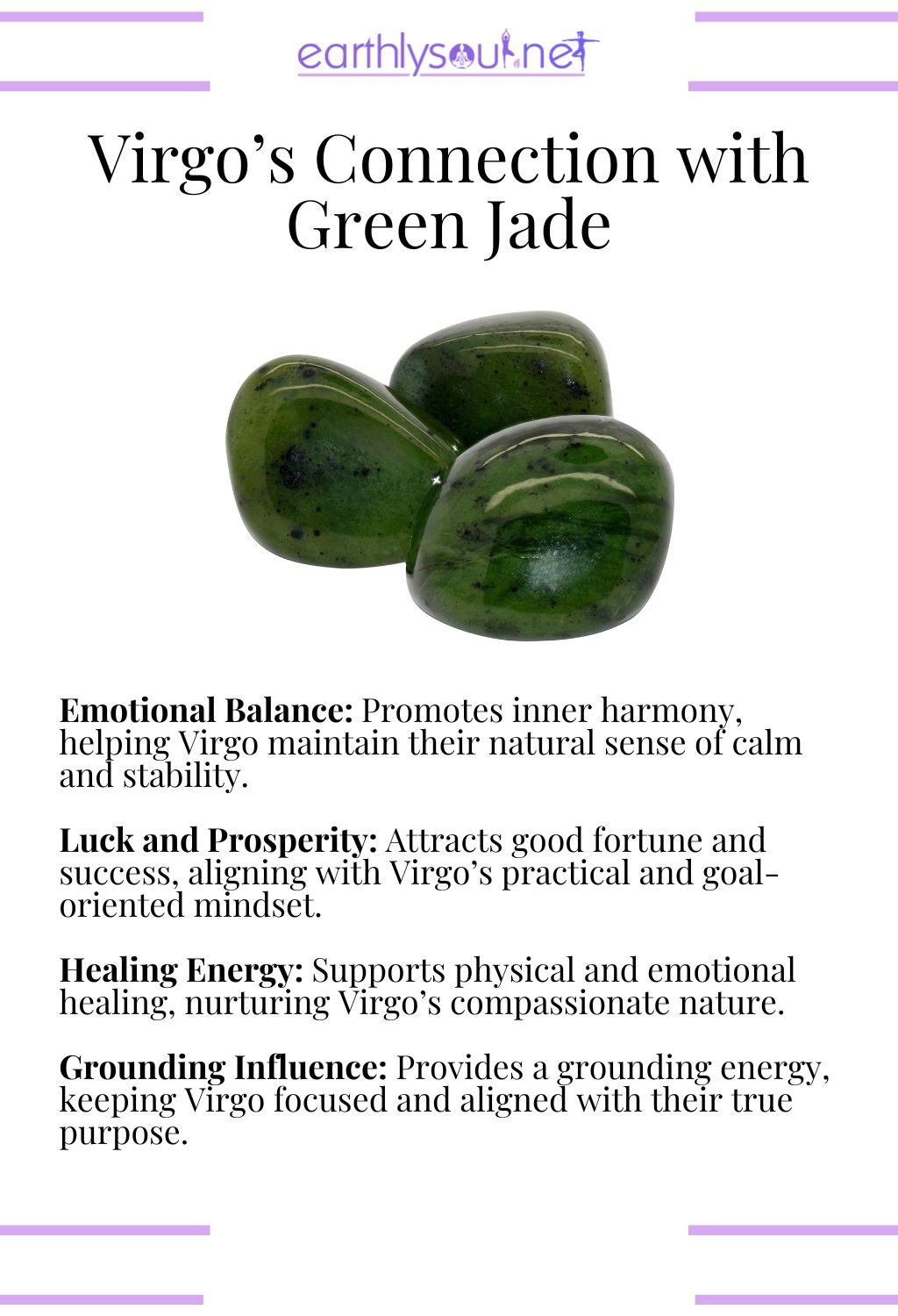 Green jade crystal, offering emotional balance and grounding energy, perfect for virgo zodiac signs.