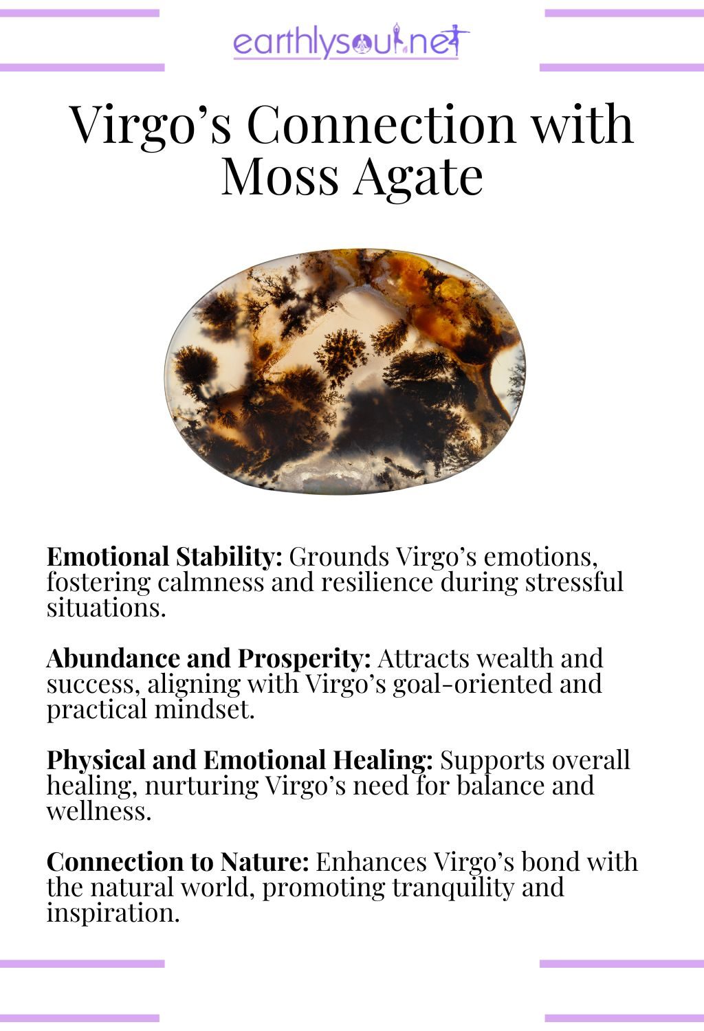 Moss agate crystal, supporting emotional stability and prosperity, perfect for virgo zodiac signs.