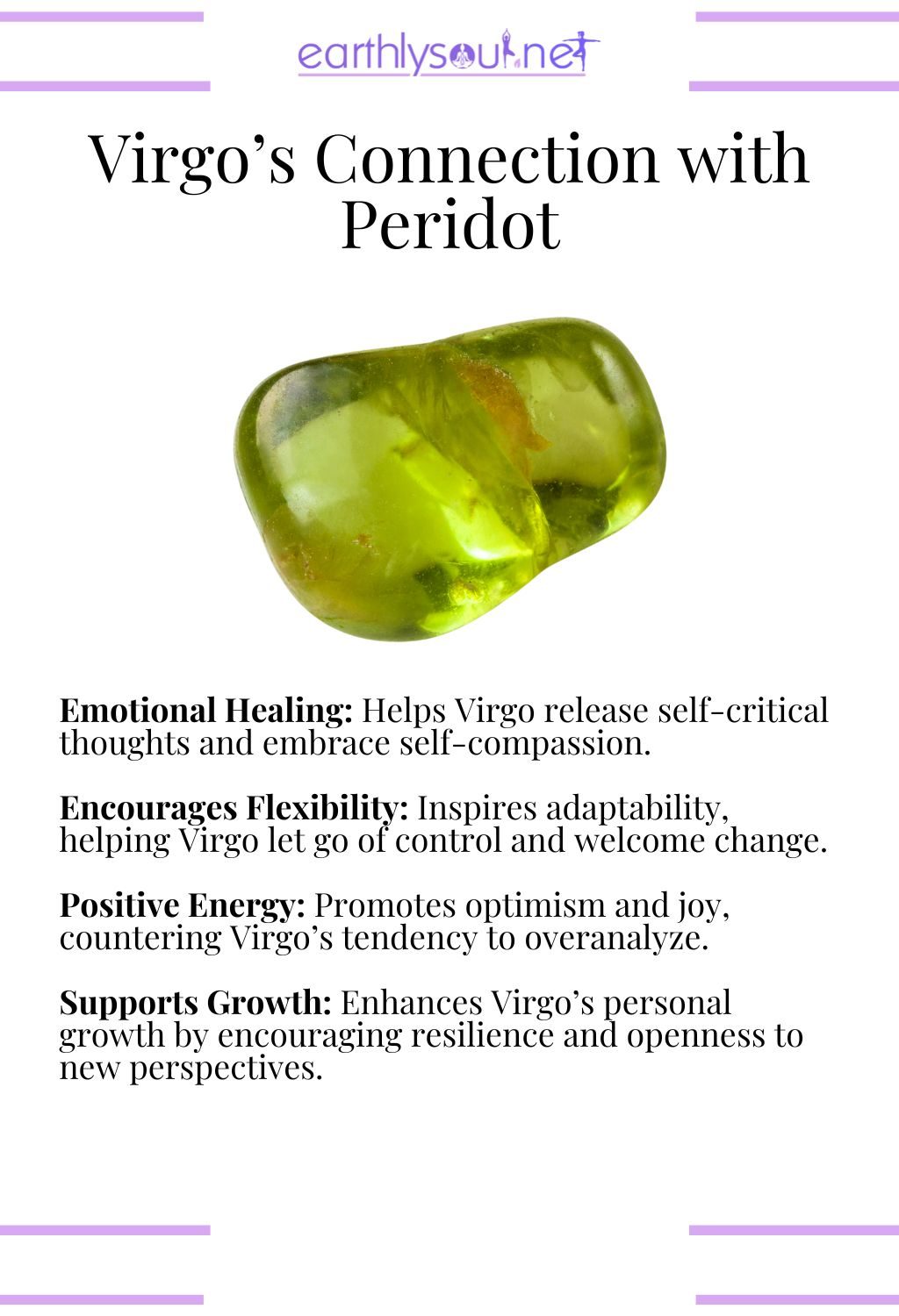 Peridot crystal, promoting emotional healing and flexibility, ideal for virgo zodiac signs.
