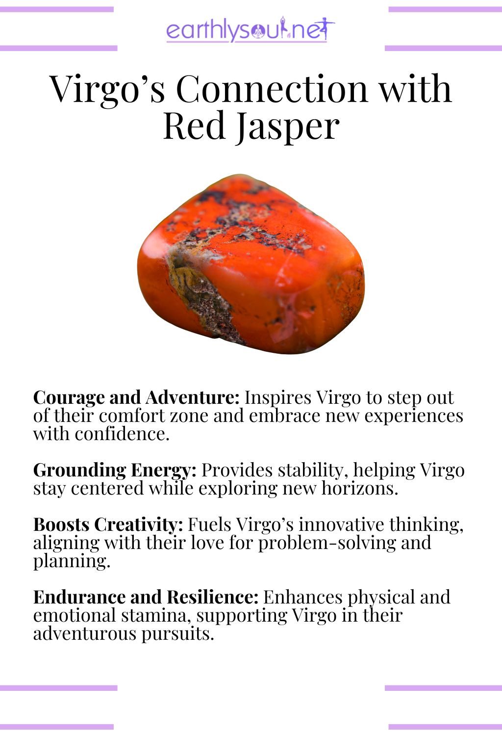 Red jasper crystal, promoting courage and grounding energy, ideal for adventurous virgo zodiac signs.