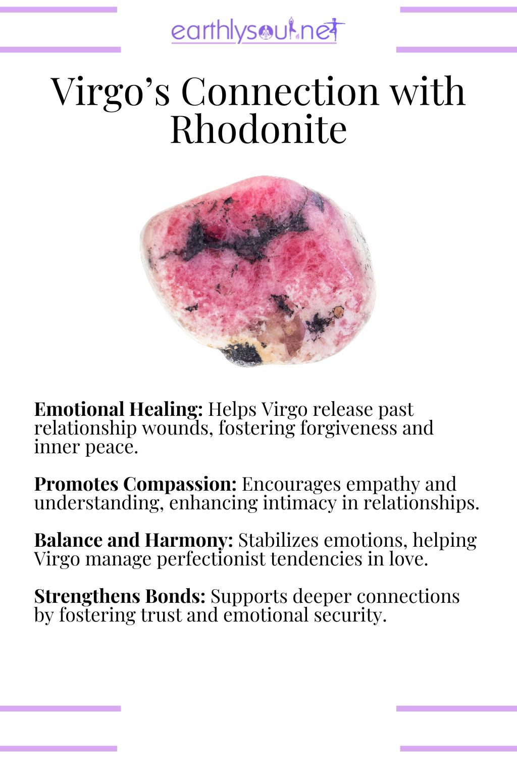 Rhodonite crystal, promoting emotional healing and compassion, ideal for virgo zodiac signs in relationships.