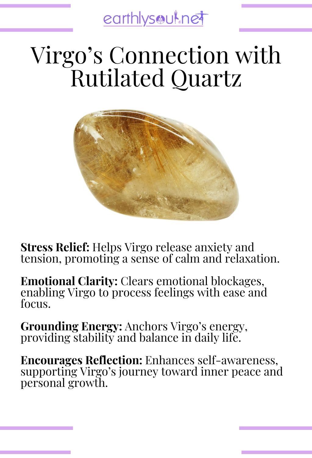Rutilated quartz crystal, promoting stress relief and emotional clarity, ideal for virgo zodiac signs.