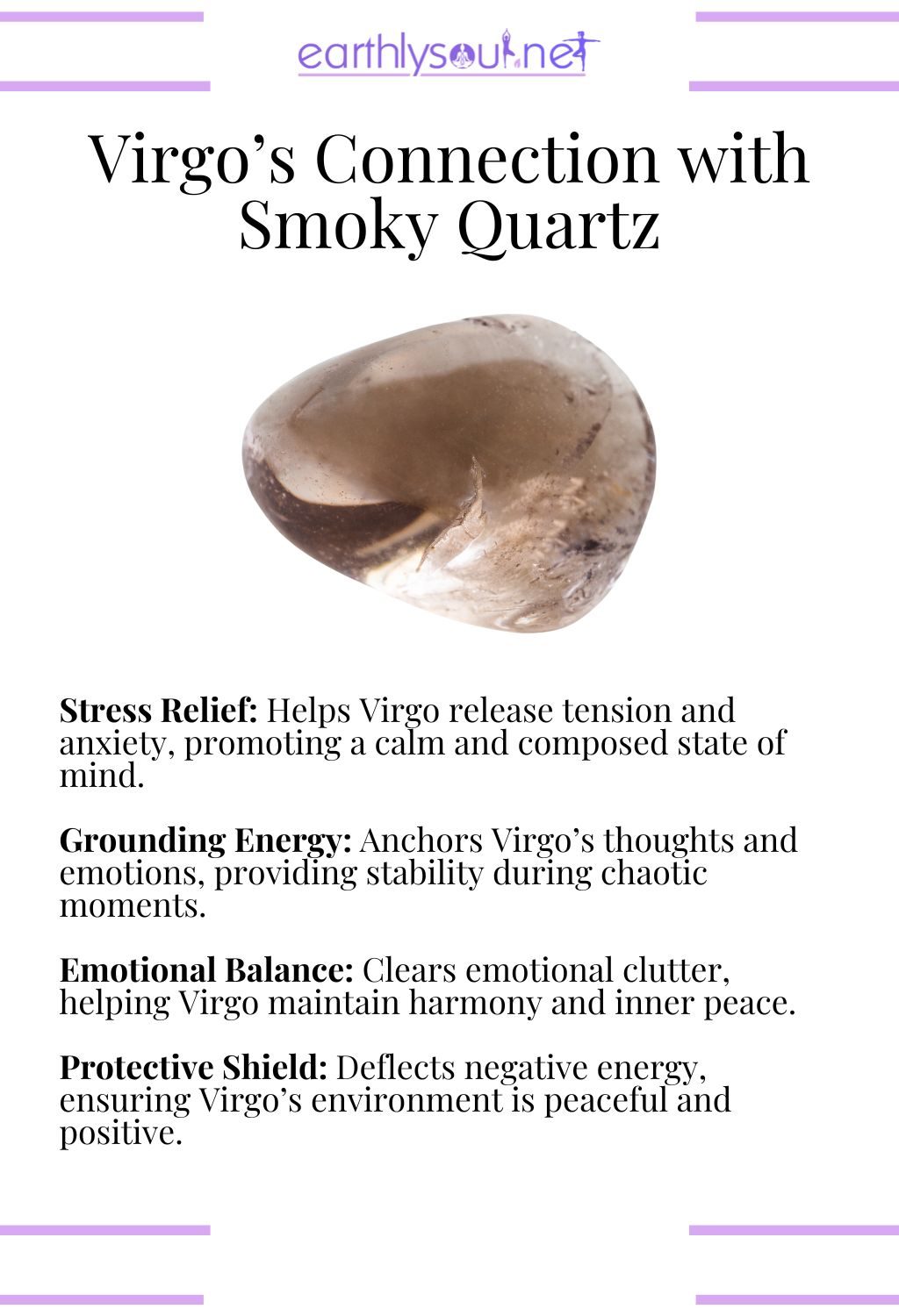 Smoky quartz crystal, providing stress relief and grounding energy, ideal for virgo zodiac signs.