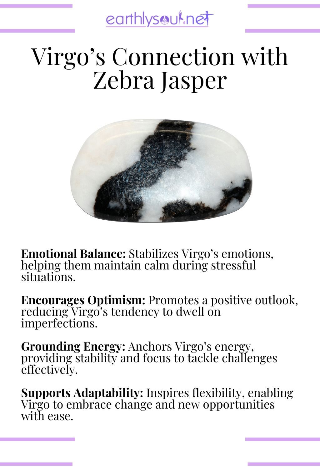 Zebra jasper crystal, promoting emotional balance and grounding energy, perfect for virgo zodiac signs.