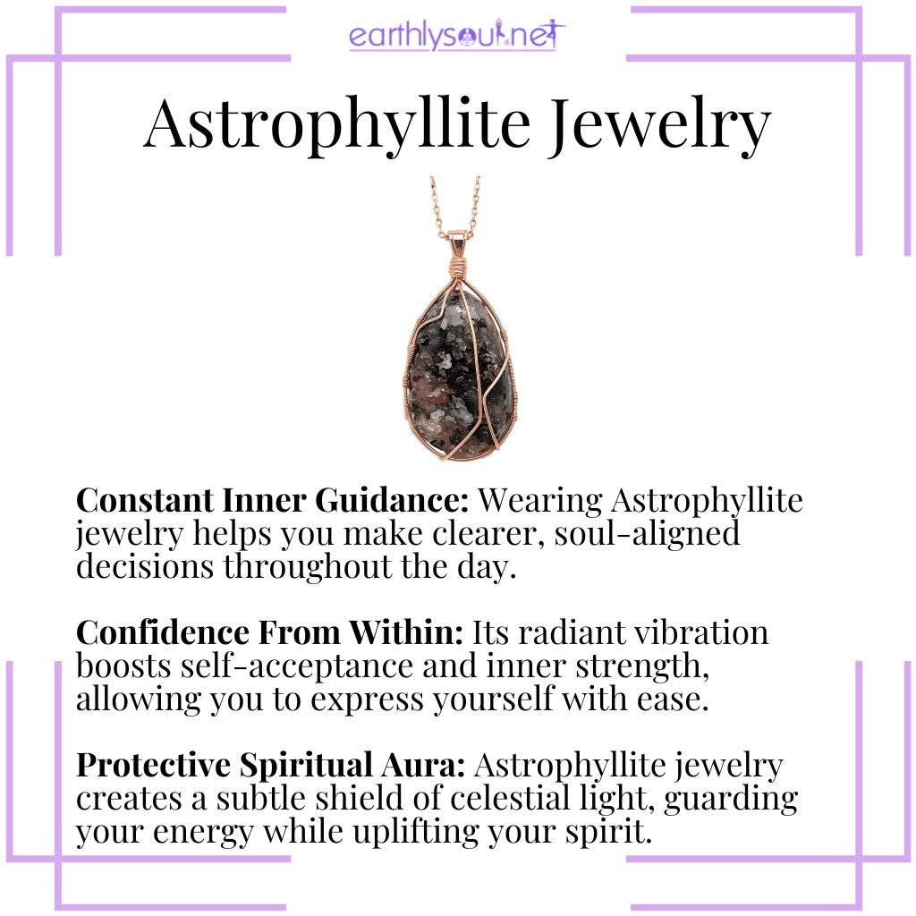 Wearing astrophyllite jewelry – a radiant crystal accessory that enhances intuition, boosts confidence, and protects your spiritual energy.