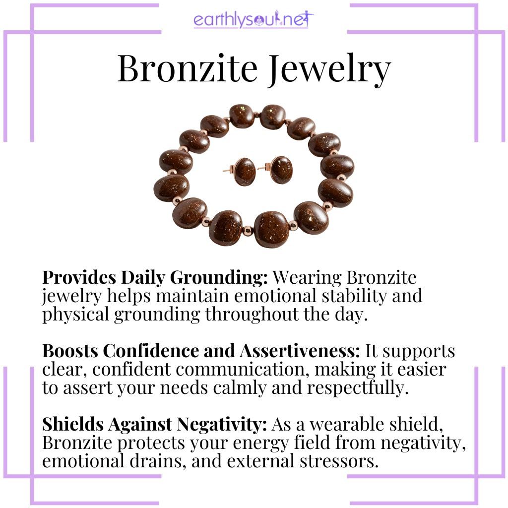 Bronzite jewelry provides grounding, boosts confidence, and shields against negativity.