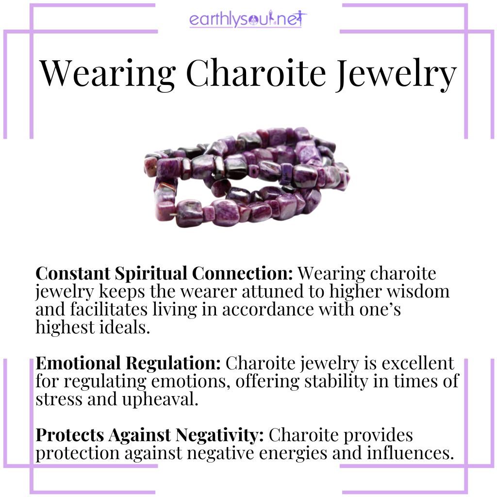 Charoite jewelry for spiritual connection, emotional regulation, and protection against negativity.