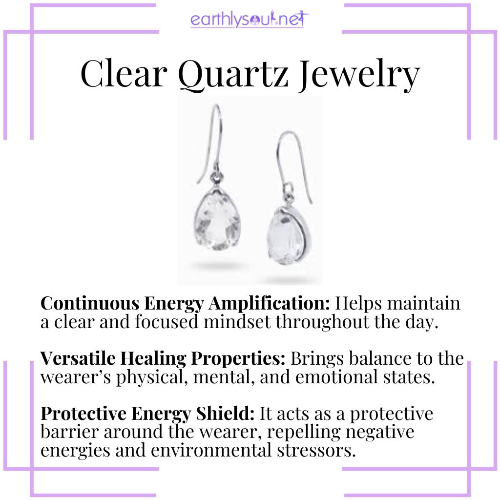 Clear quartz jewelry for continuous energy amplification, versatile healing properties, and protective energy shielding.