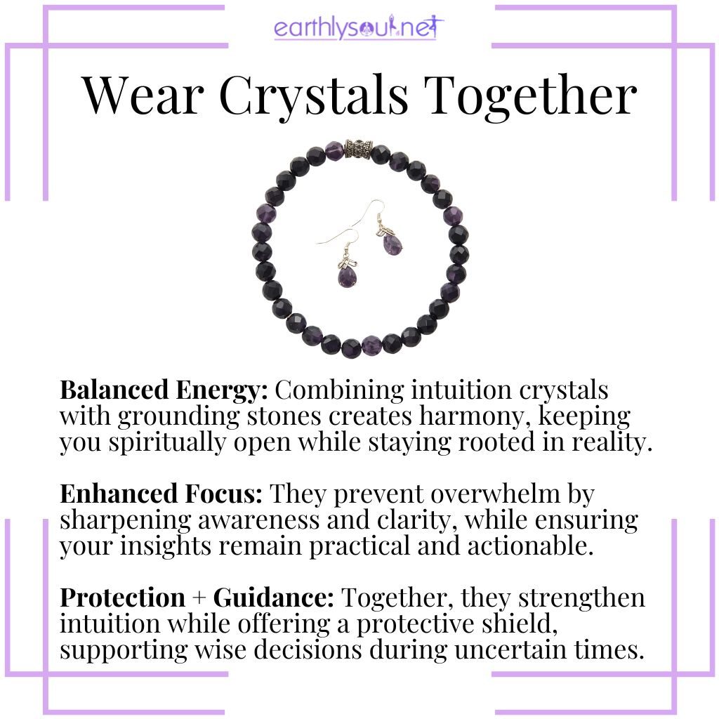 Wearing intuition crystals and grounding stones together for balanced energy, focused clarity, and protective spiritual guidance