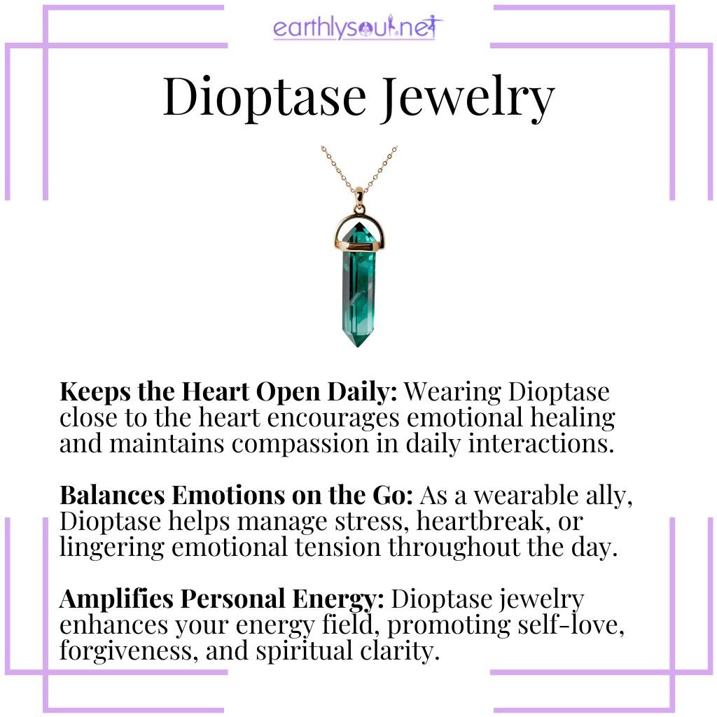 Dioptase jewelry supports emotional balance, heart healing, and high-vibrational energy.