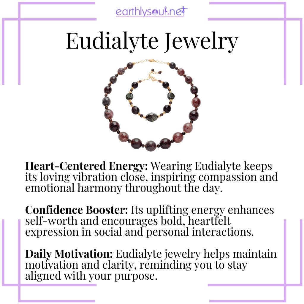Wearing eudialyte jewelry, a heart-centered crystal accessory that promotes compassion, confidence, and daily motivation.