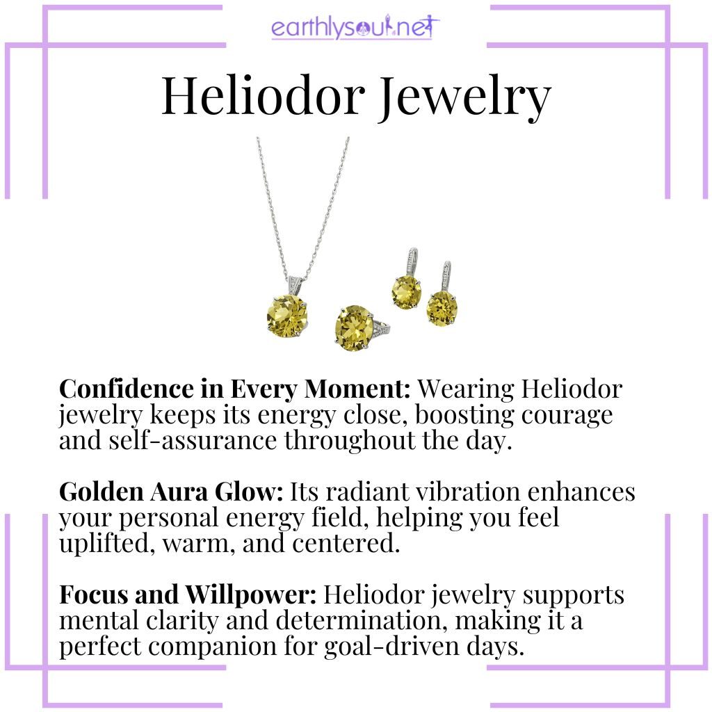 Wearing heliodor jewelry – an empowering crystal accessory that boosts confidence, enhances your energy, and strengthens willpower.